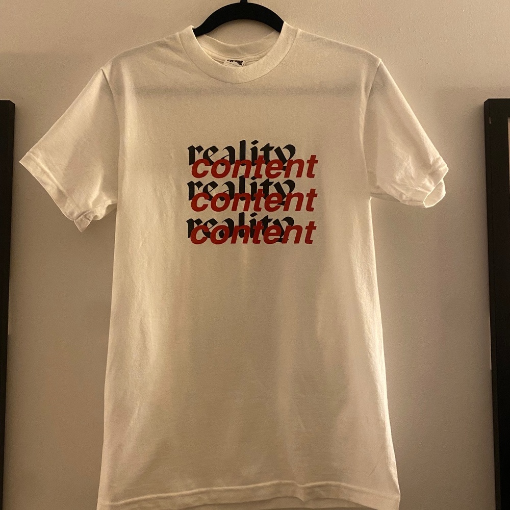 Small White Unisex Gildan Graphic "Reality - Content" Hammer T Shirt